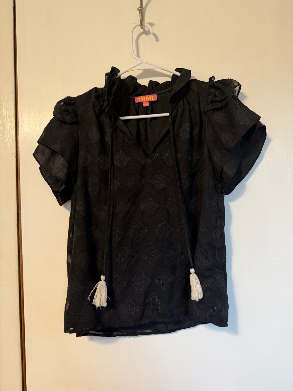 THML Black Short-Sleeve Ruffle Neck Tassel Top